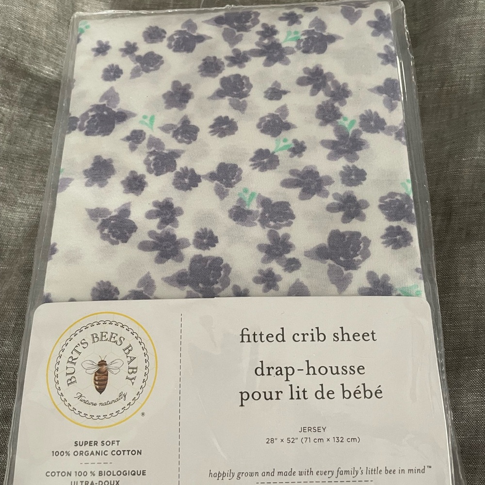 Burt’s Bees Baby Organic Cotton Jersey fitted crib sheet purple floral NEW